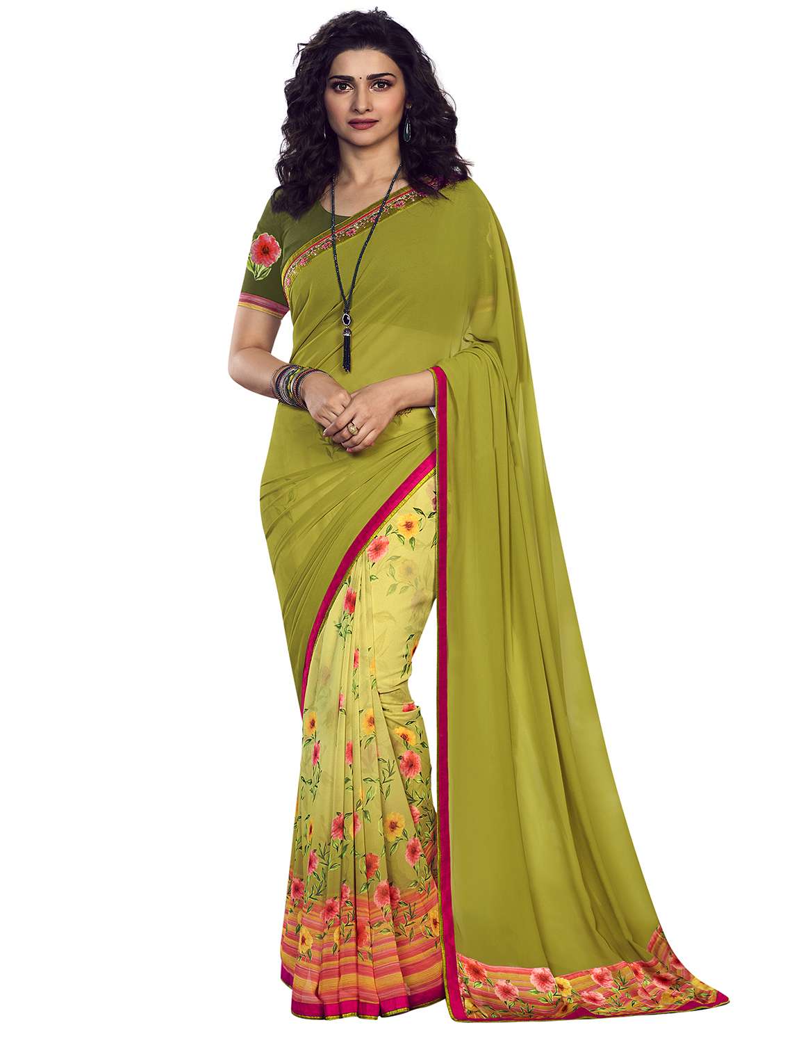 women's printed olive colored saree with blouse