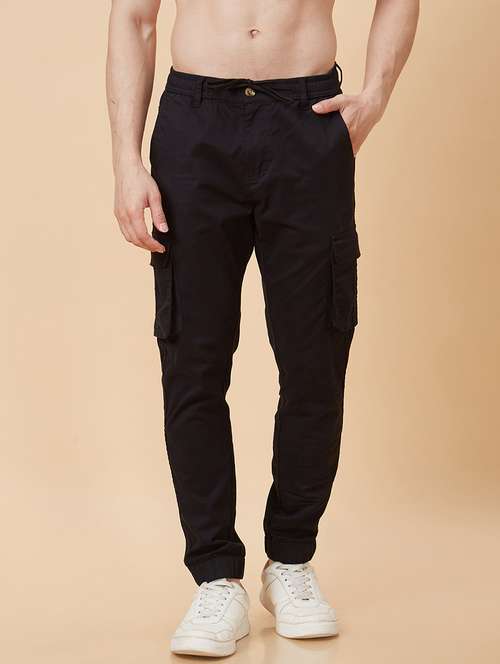 globus men black slim fit mid-rise pure cotton cargos - 20023035 -  Standard Image - 0
