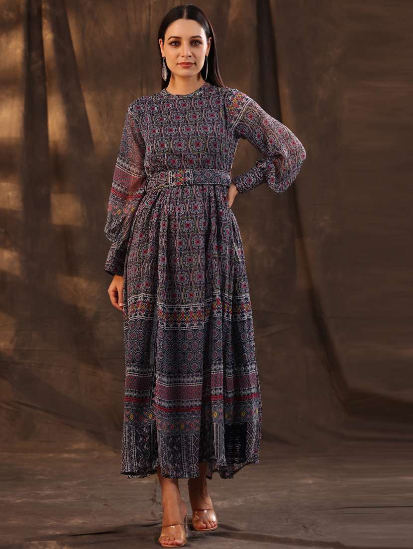 Blue Printed Flared Ethnic Dress