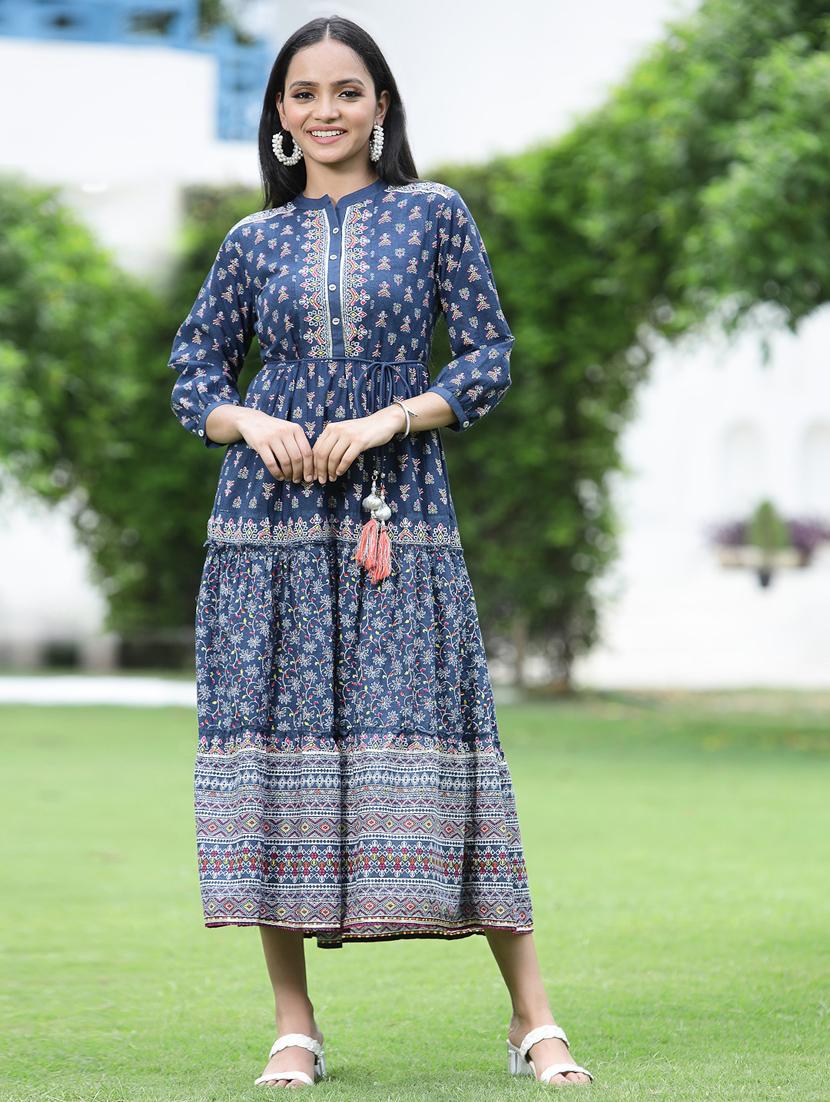 blue cotton blend a-line ethnic dress - 20023418 -  Zoom Image - 0