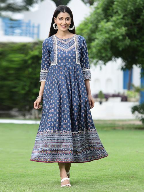 juniper women's indigo cotton cambric printed anarkali dress - 20023419 -  Standard Image - 0