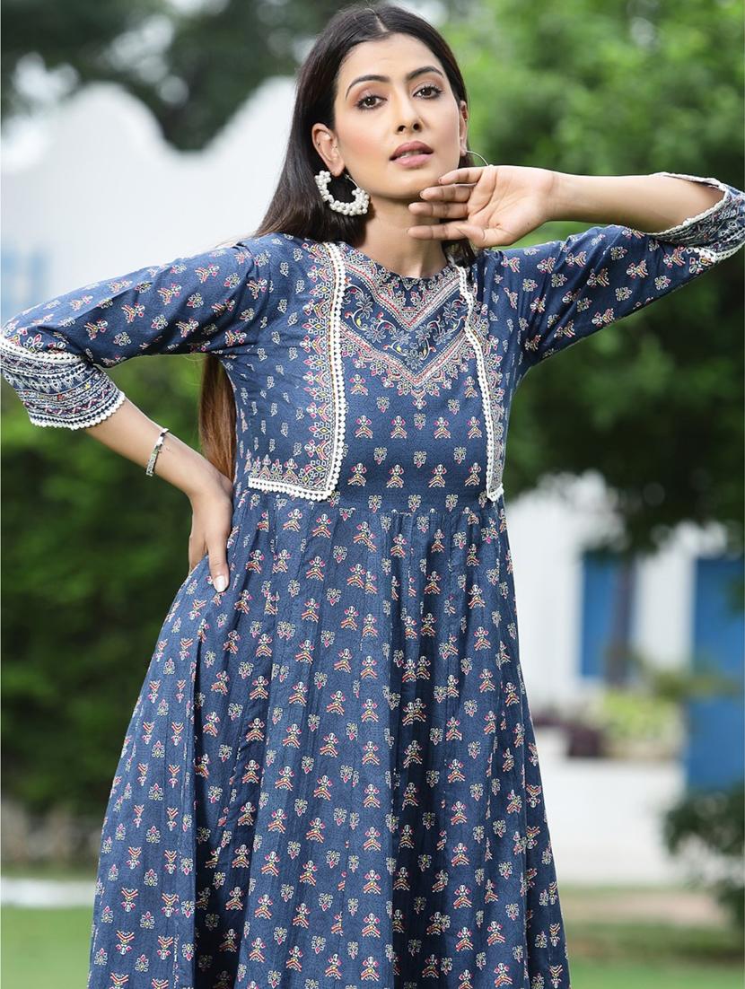 juniper women's indigo cotton cambric printed anarkali dress - 20023419 - Standard Image - 3