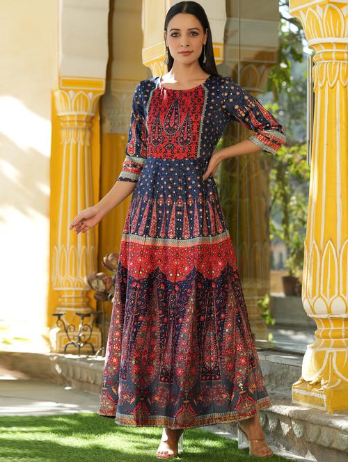 juniper women's navy blue dull satin printed anarkali dress - 20023423 - Standard Image - 0