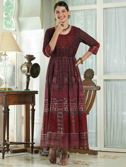 juniper  women's maroon georgette printed anarkali dress - 20023425 -  Standard Image - 0