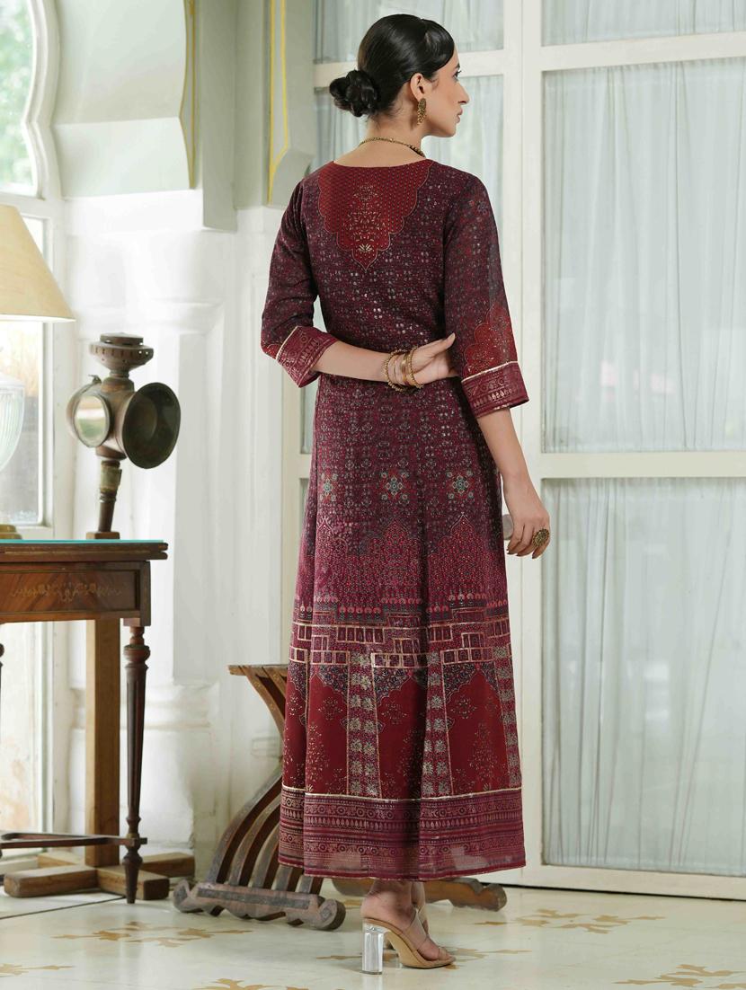 juniper women's maroon georgette printed anarkali dress - 20023425 - Standard Image - 3