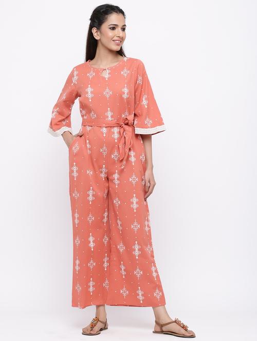 juniper women peach cotton flex printed jumpsuit - 20023430 - Standard Image - 0