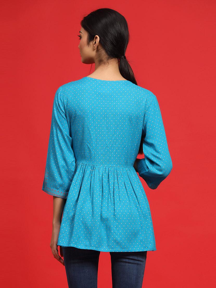 juniper women sky blue rayon slub printed peplum tunic - 20023451 - Standard Image - 3