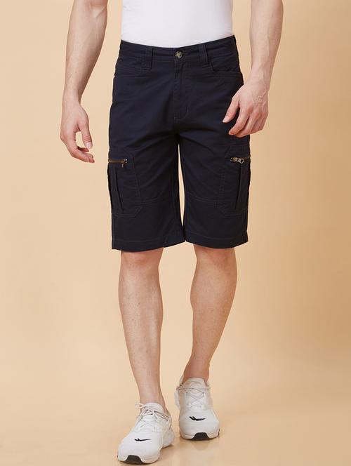 globus men navy blue regular fit stretchable cargo shorts - 20023804 -  Standard Image - 0