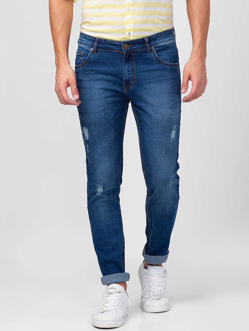 men blue cotton distressed jeans