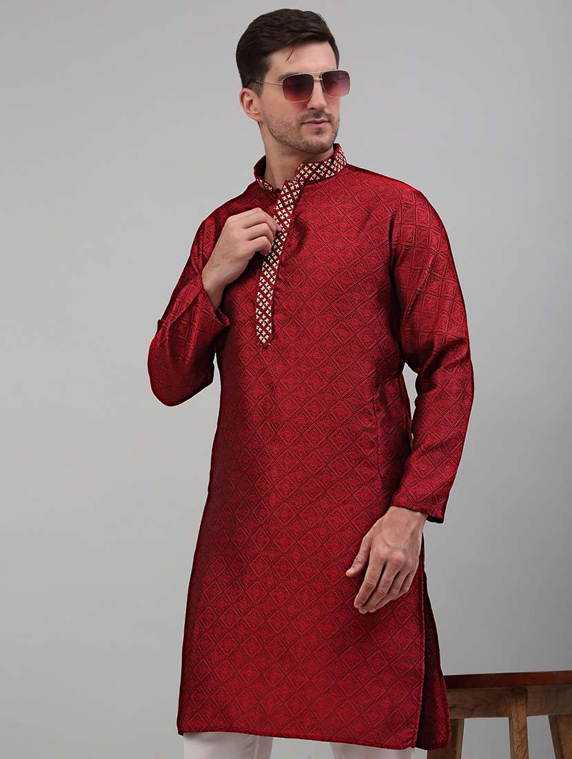 maroon silk blend kurta pyjama ethnic wear set - 20024824 -  Standard Image - 3