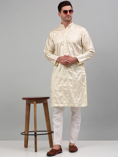 cream silk blend kurta pyjama ethnic wear set - 20024825 -  Standard Image - 0