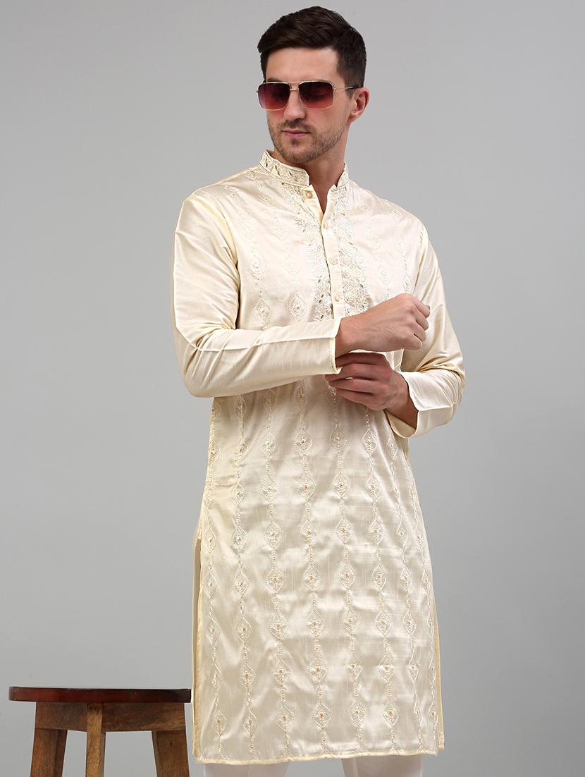 cream silk blend kurta pyjama ethnic wear set - 20024825 - Standard Image - 3