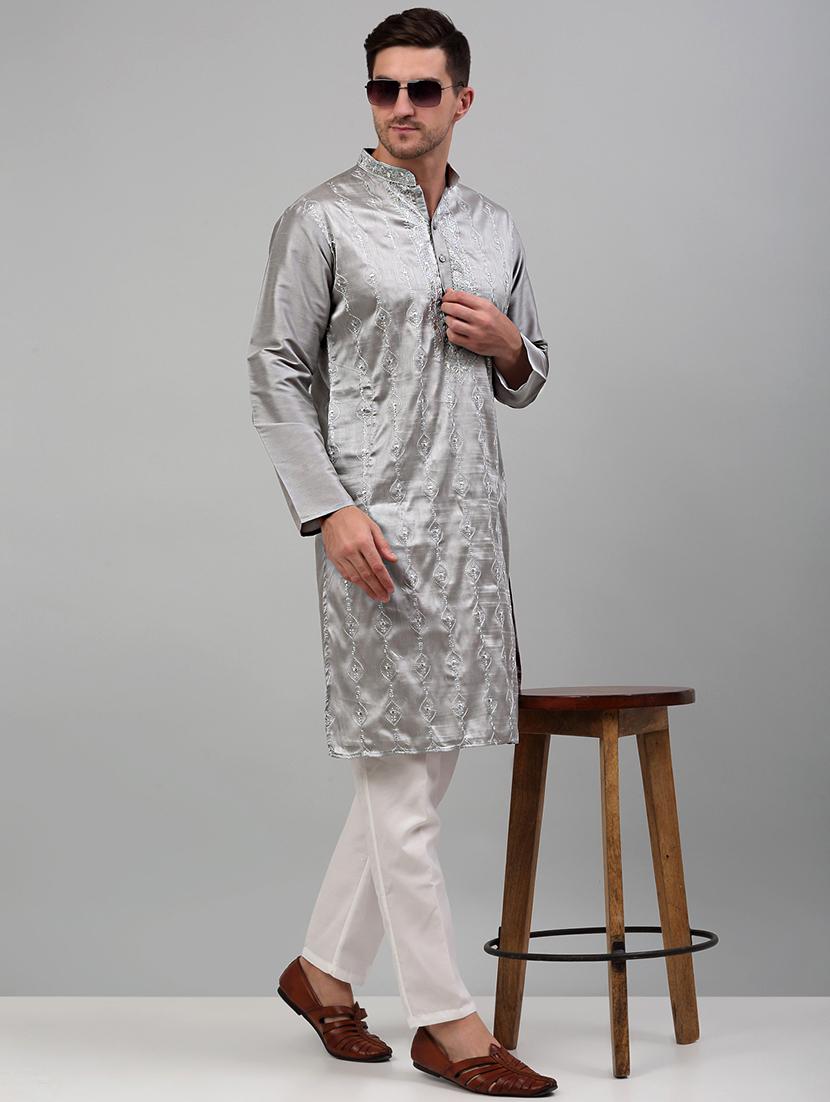 grey silk blend kurta pyjama ethnic wear set - 20024826 -  Zoom Image - 0