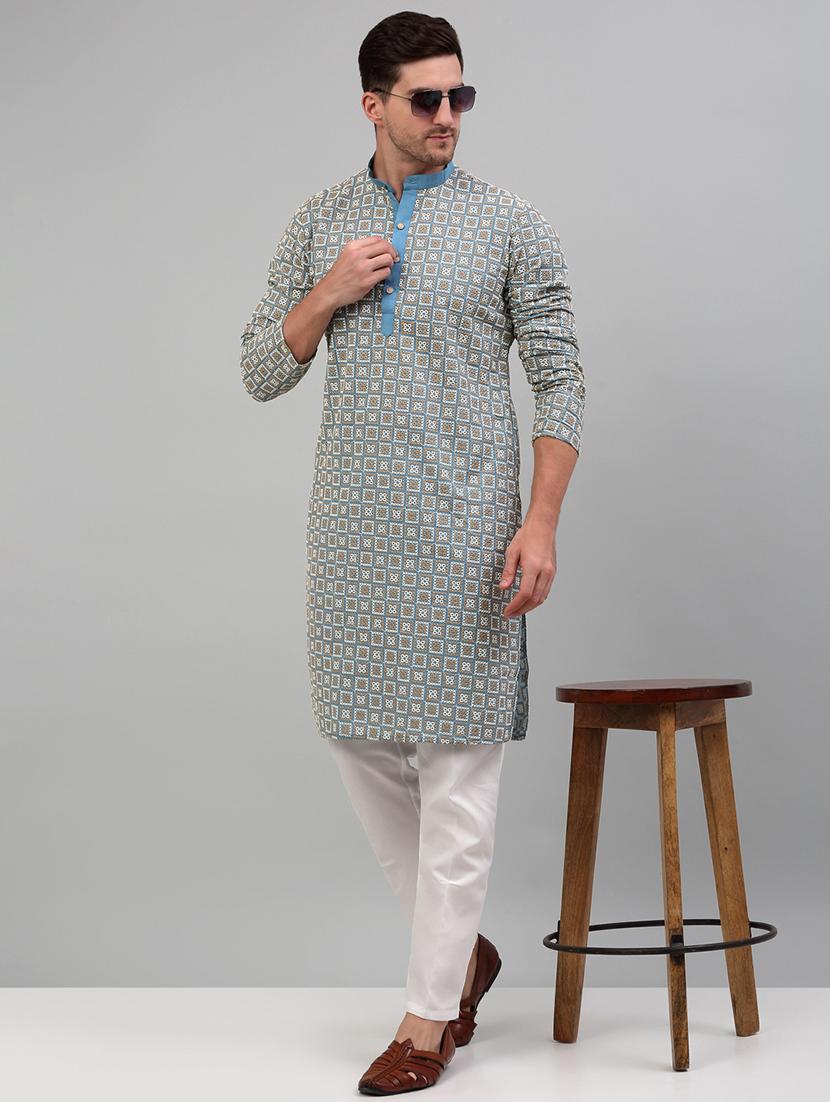 blue cotton kurta pyjama ethnic wear set - 20024828 - Zoom Image - 0