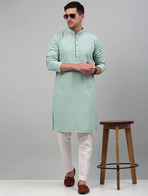 green cotton kurta pyjama ethnic wear set - 20024831 -  Standard Image - 0