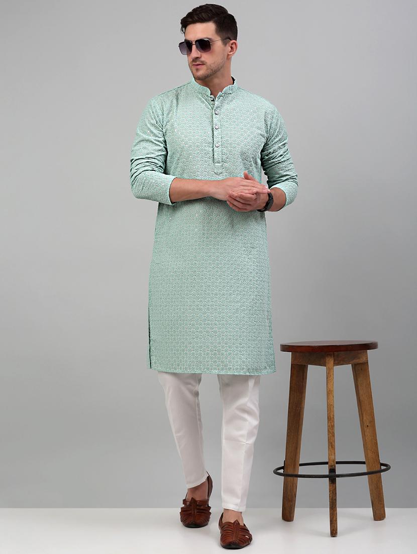green cotton kurta pyjama ethnic wear set - 20024831 -  Zoom Image - 0