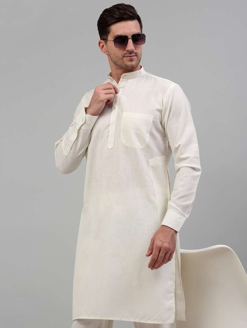 white cotton blend kurta pyjama ethnic wear set - 20024834 -  Standard Image - 3