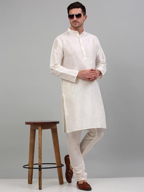 white dupion kurta pyjama ethnic wear set - 20024835 - Standard Image - 0