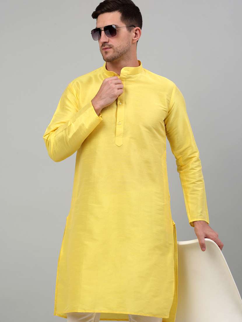 yellow dupion long kurta - 20024853 - Zoom Image - 0