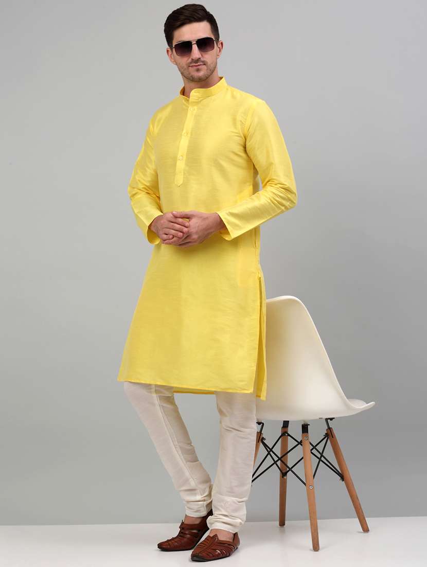 yellow dupion long kurta - 20024853 - Standard Image - 3