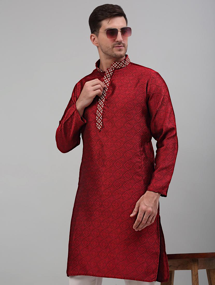 red silk blend long kurta - 20024859 - Zoom Image - 0