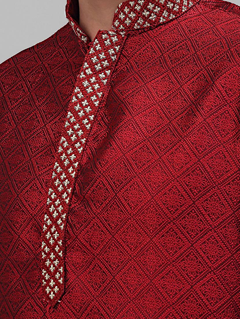 red silk blend long kurta - 20024859 - Standard Image - 5