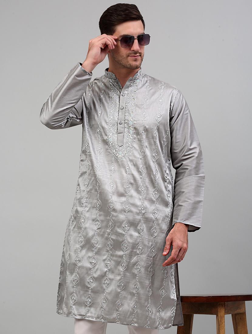 grey silk blend long kurta - 20024861 -  Zoom Image - 0