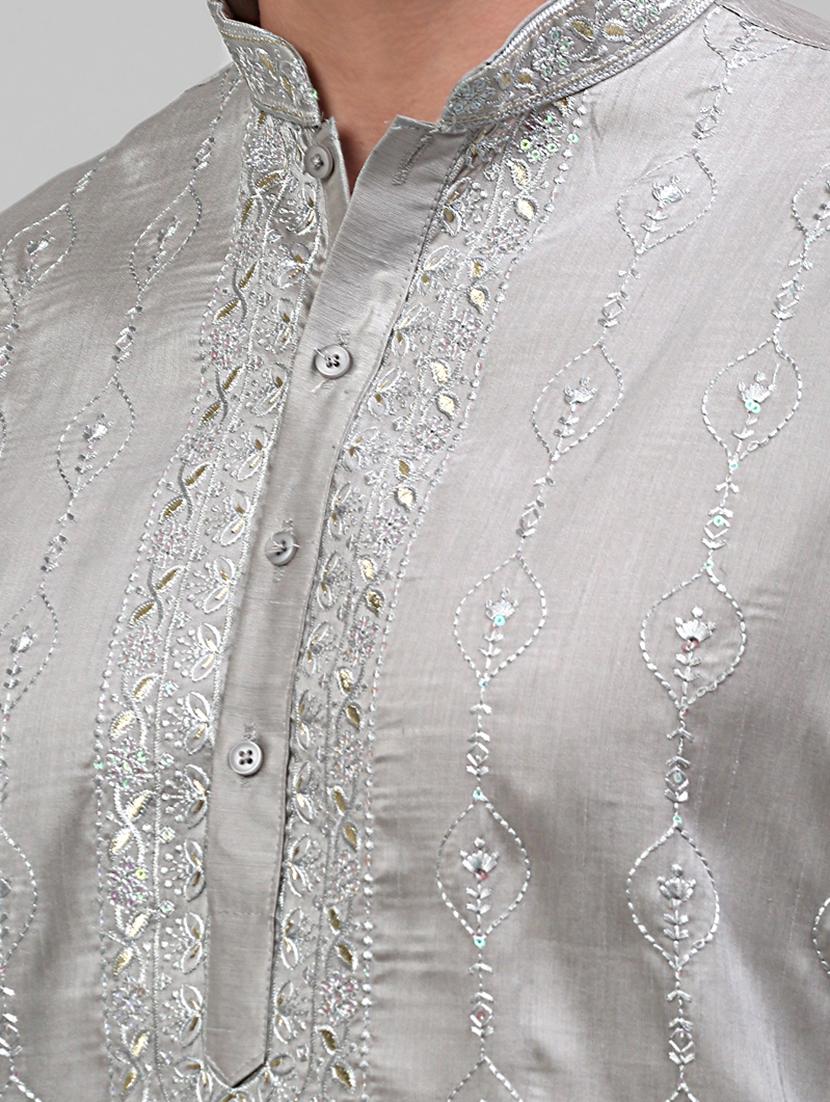 grey silk blend long kurta - 20024861 - Standard Image - 5