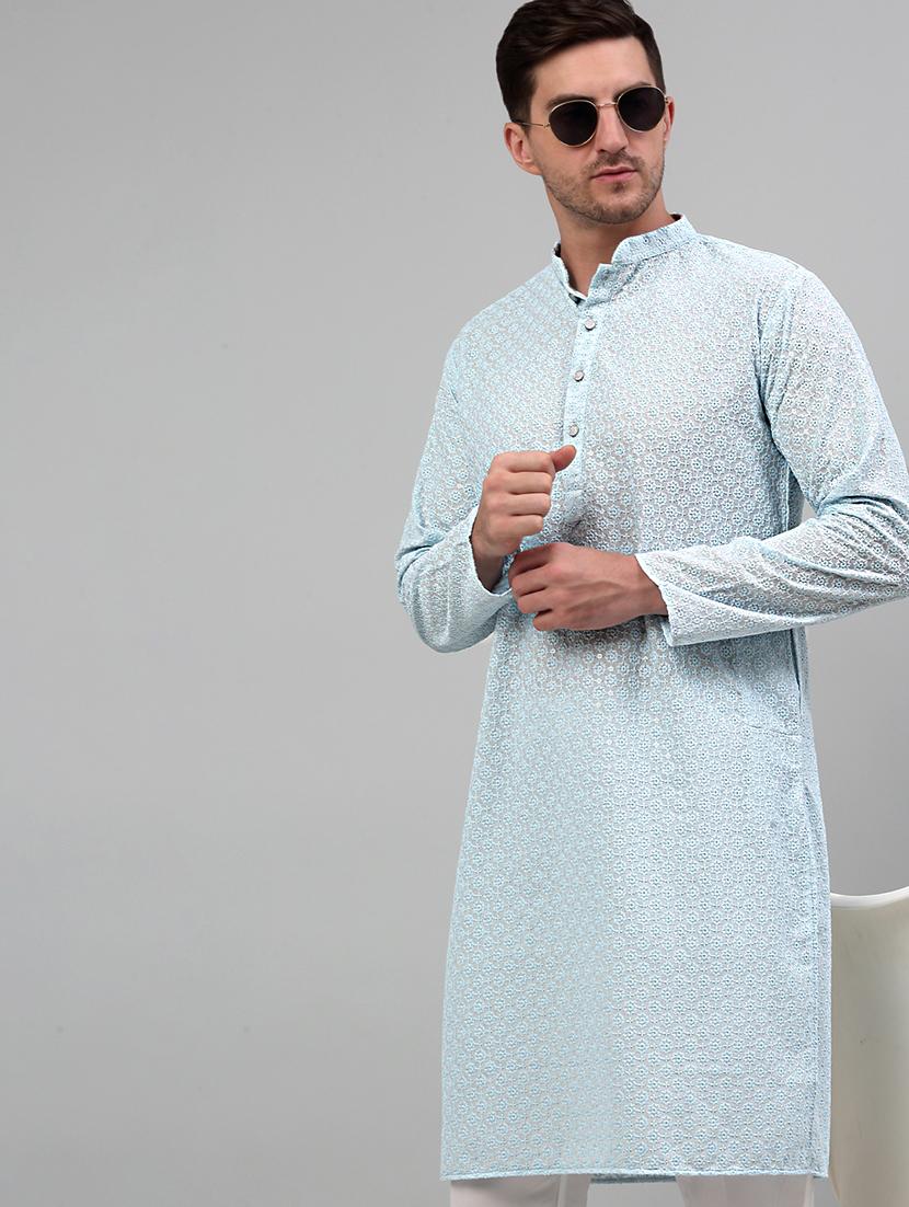 light blue cotton long kurta - 20024868 - Zoom Image - 0