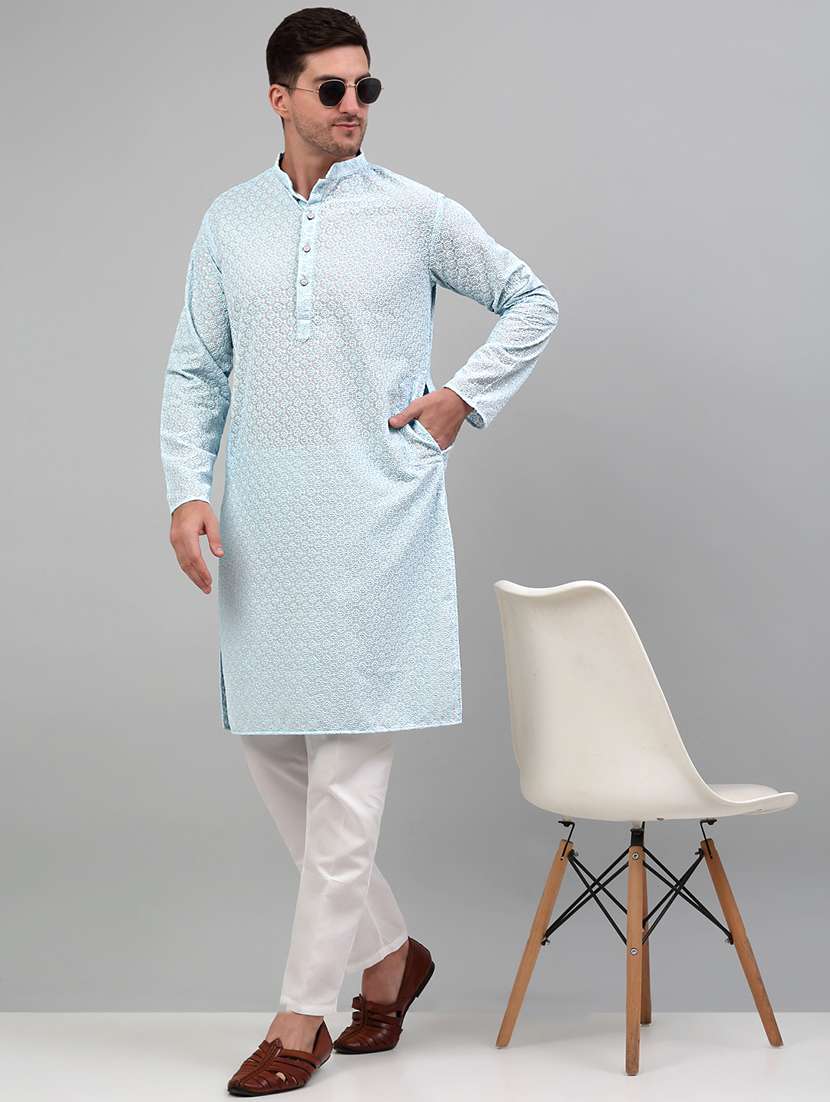 light blue cotton long kurta - 20024868 - Standard Image - 3
