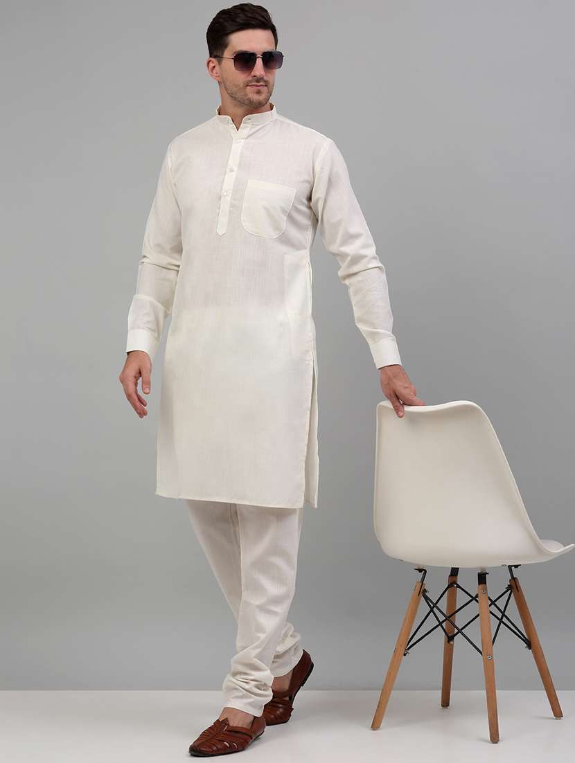 white cotton blend long kurta - 20024869 -  Standard Image - 3