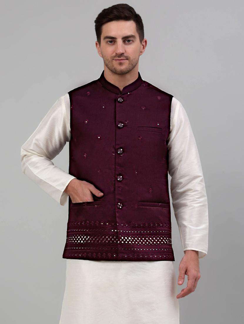 purple silk blend nehru jacket - 20024880 - Zoom Image - 0
