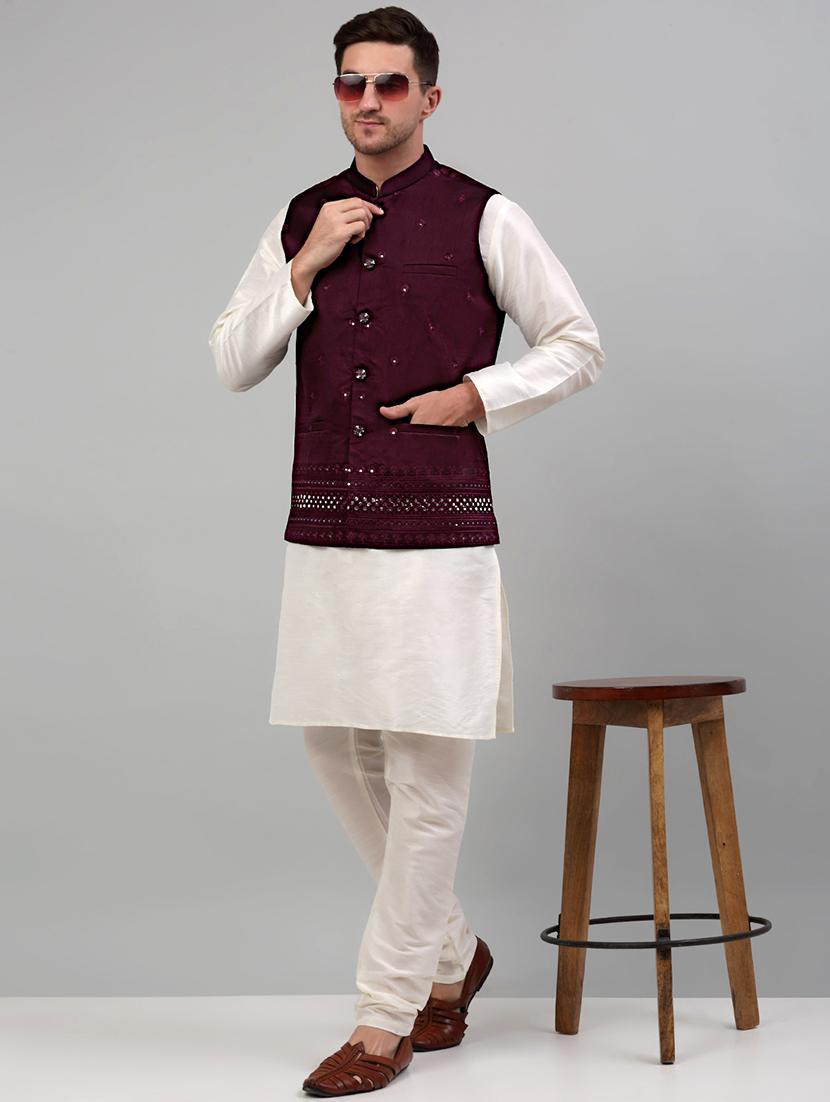 purple silk blend nehru jacket - 20024880 - Standard Image - 3