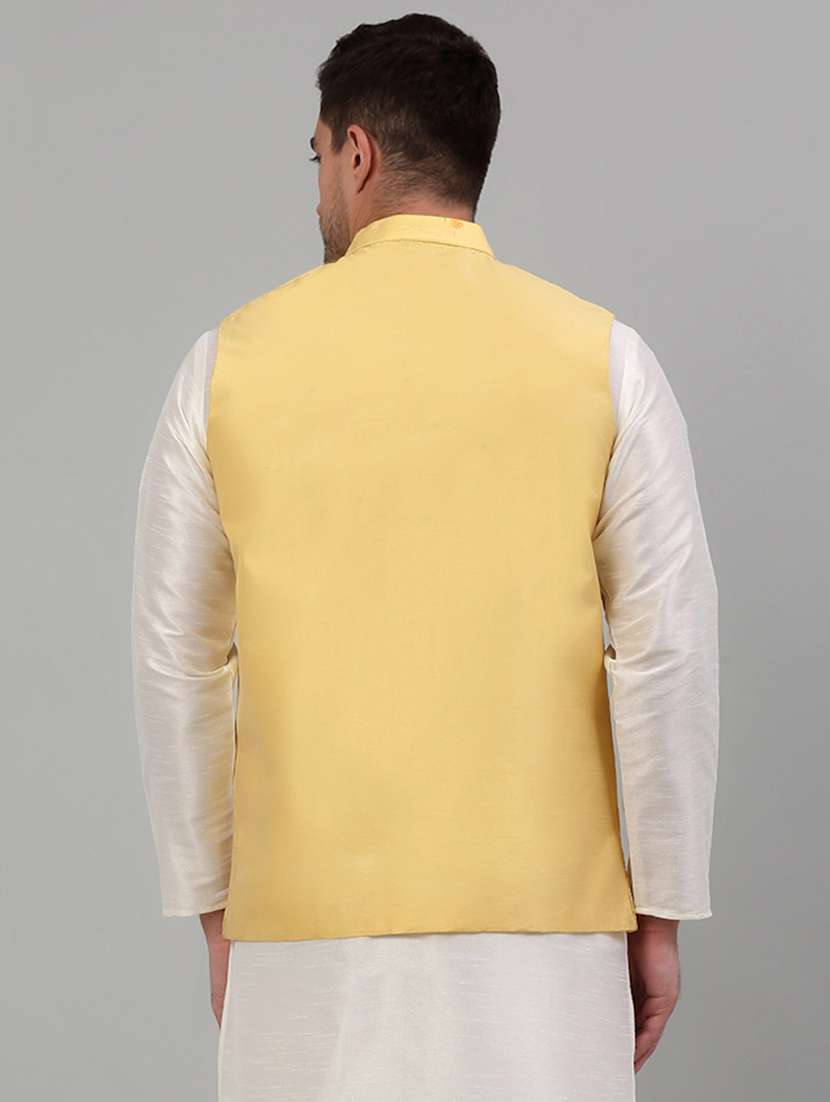 yellow silk blend nehru jacket - 20024882 -  Standard Image - 3