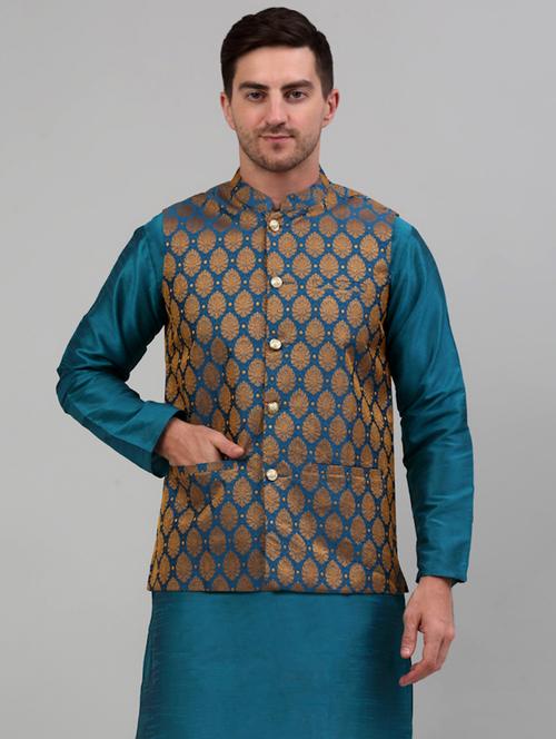 blue silk blend nehru jacket - 20024885 - Standard Image - 0