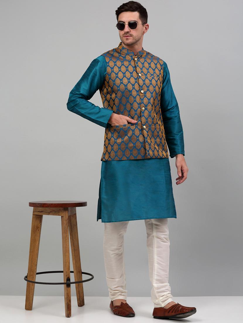 blue silk blend nehru jacket - 20024885 - Standard Image - 3