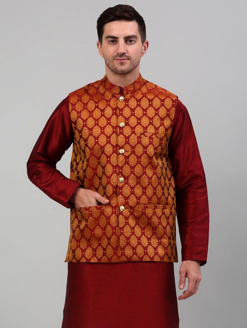 red silk blend nehru jacket - 20024886 -  Zoom Image - 0