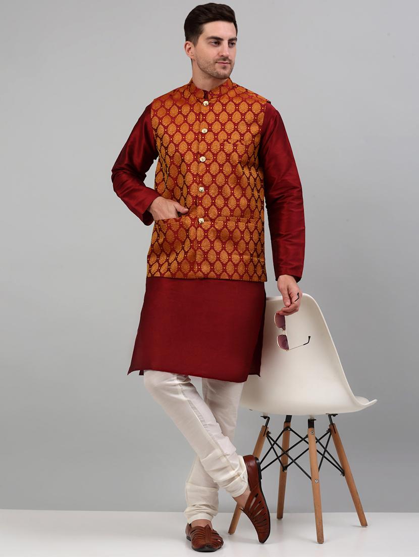red silk blend nehru jacket - 20024886 - Standard Image - 3