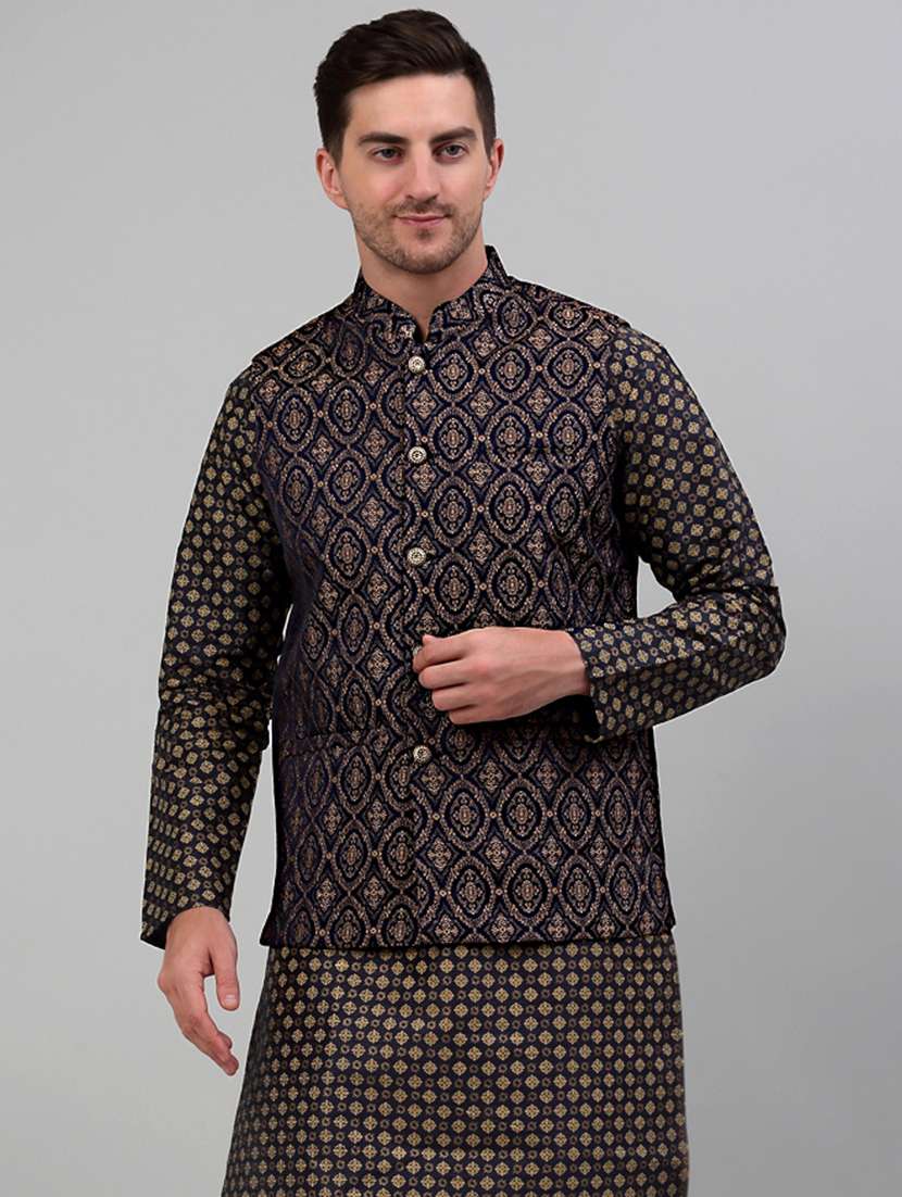 navy blue silk blend nehru jacket