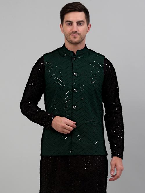 green rayon nehru jacket - 20024895 - Standard Image - 0