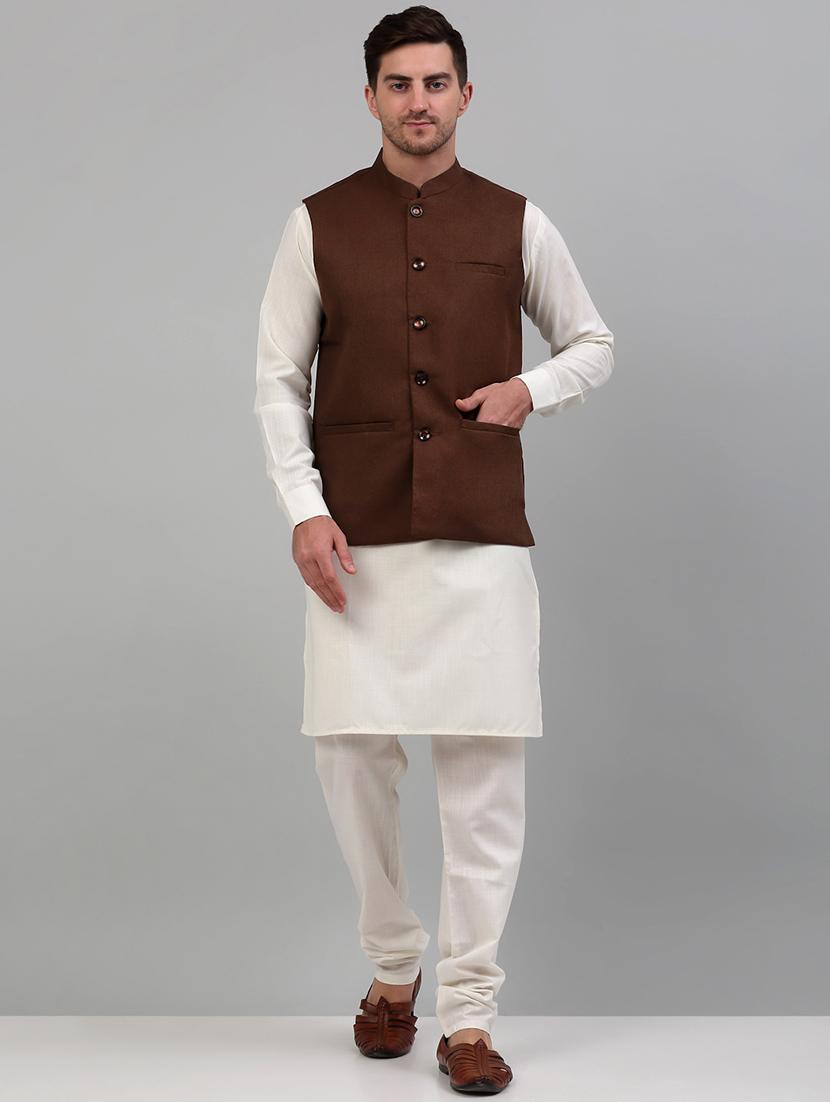 brown cotton blend kurta pyjama with jacket ethnic wear set - 20024898 - Zoom Image - 0
