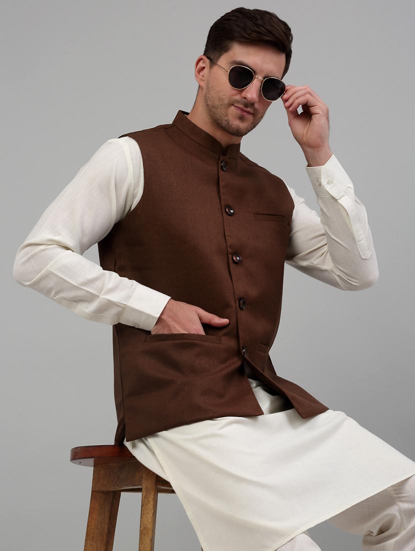 brown cotton blend kurta pyjama with jacket ethnic wear set - 20024898 - Standard Image - 5
