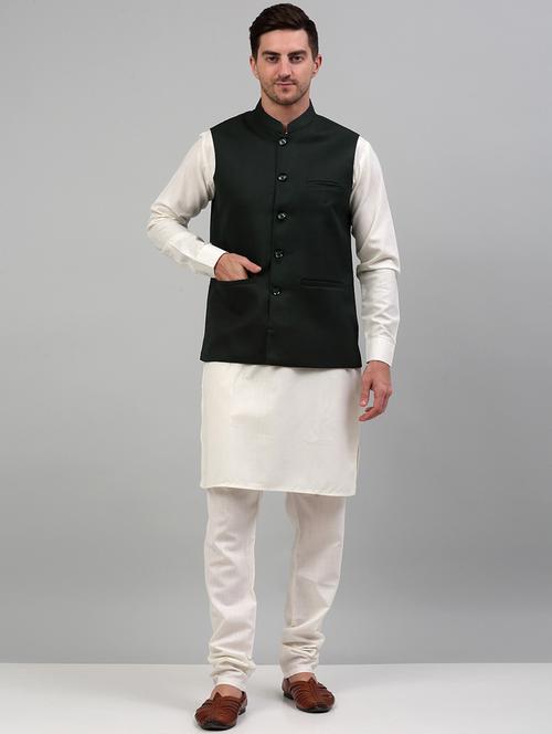 olive cotton blend kurta pyjama with jacket ethnic wear set - 20024899 - Standard Image - 0