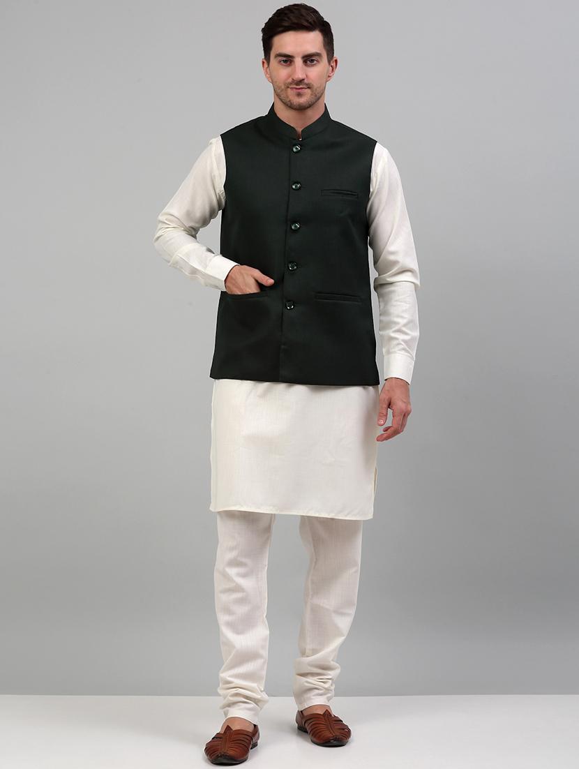 olive cotton blend kurta pyjama with jacket ethnic wear set - 20024899 - Zoom Image - 0