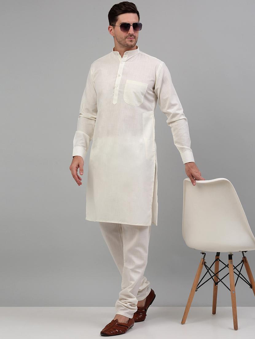 olive cotton blend kurta pyjama with jacket ethnic wear set - 20024899 - Standard Image - 3