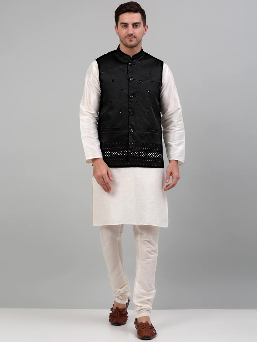 black silk blend kurta pyjama with jacket ethnic wear set - 20024903 - Zoom Image - 0