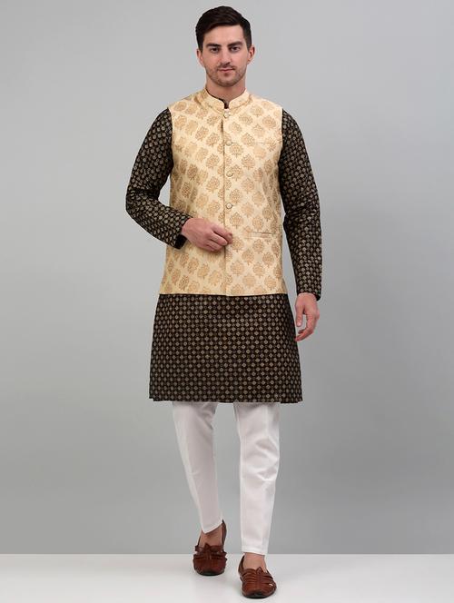 cream silk blend kurta pyjama with jacket ethnic wear set - 20024911 -  Standard Image - 0