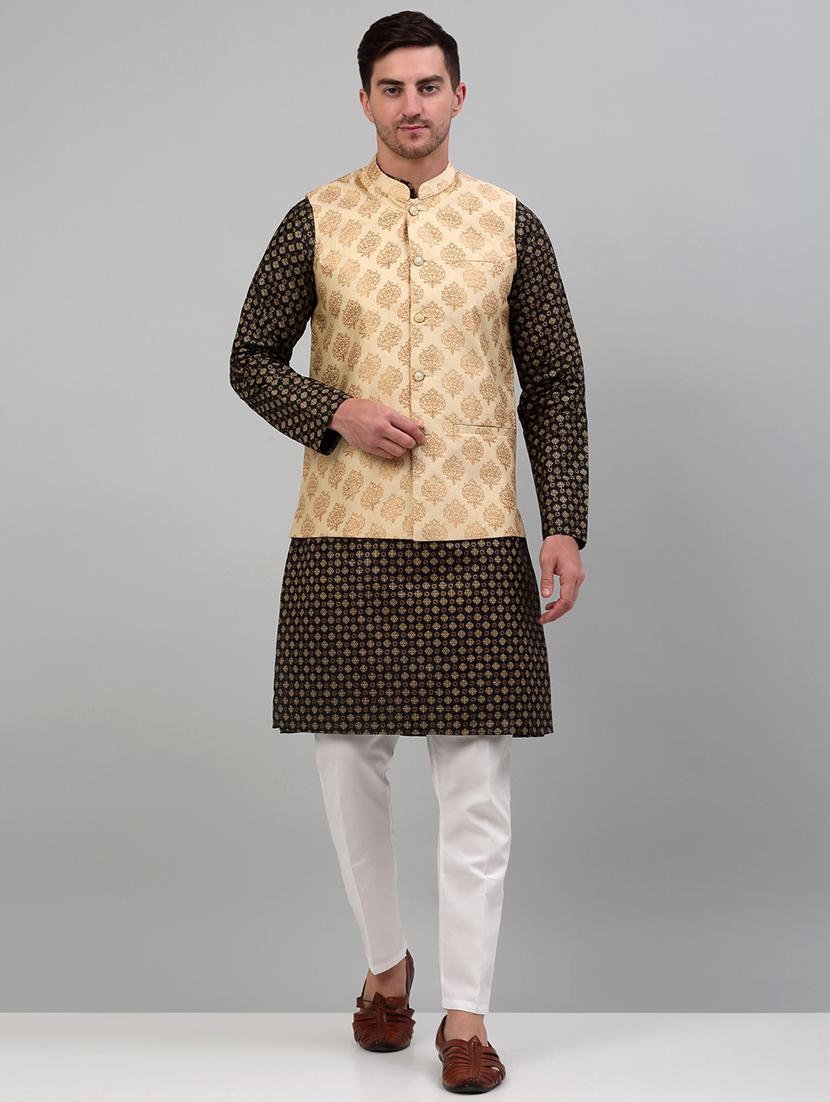 cream silk blend kurta pyjama with jacket ethnic wear set - 20024911 -  Zoom Image - 0