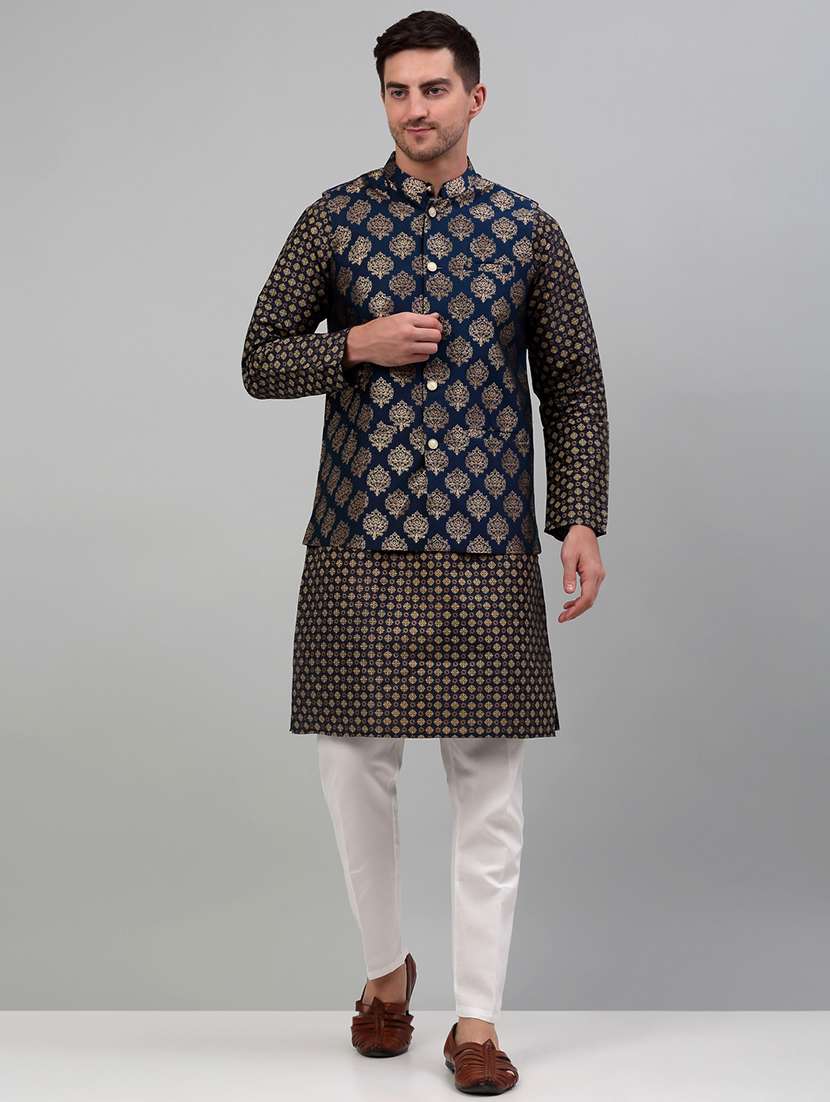 navy silk blend kurta pyjama with jacket ethnic wear set - 20024913 - Zoom Image - 0