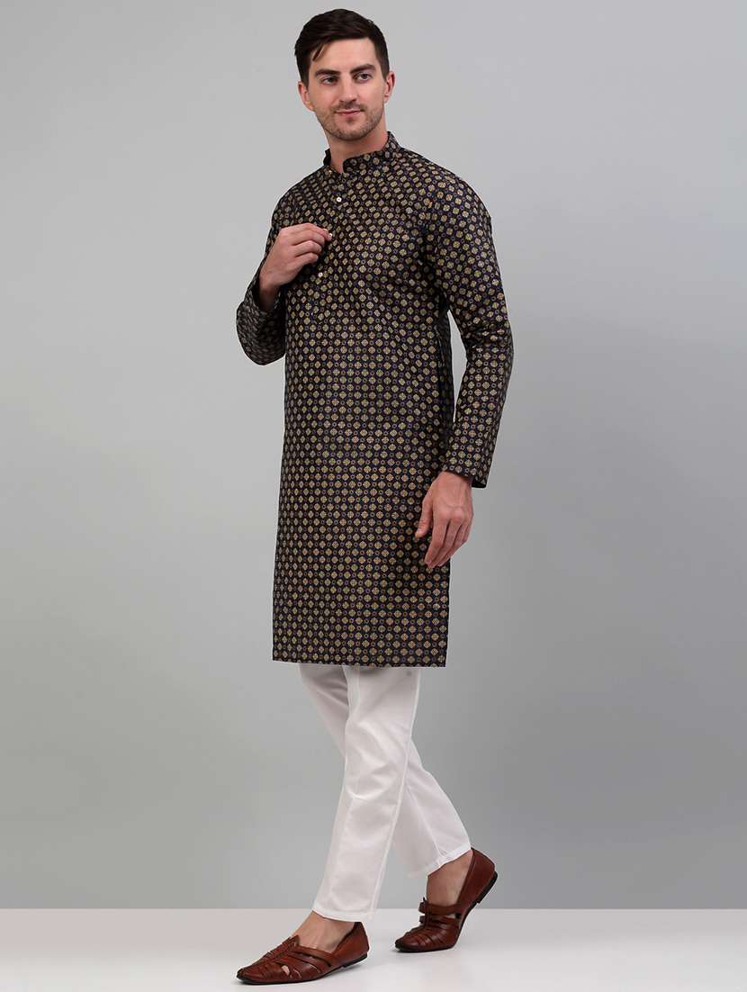 navy silk blend kurta pyjama with jacket ethnic wear set - 20024913 - Standard Image - 3